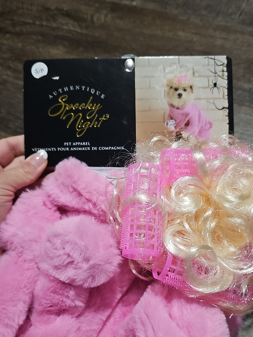 Pet Dog Pink Plush Costume with Blonde Wig Rollers Robe Coffee And Newspaper